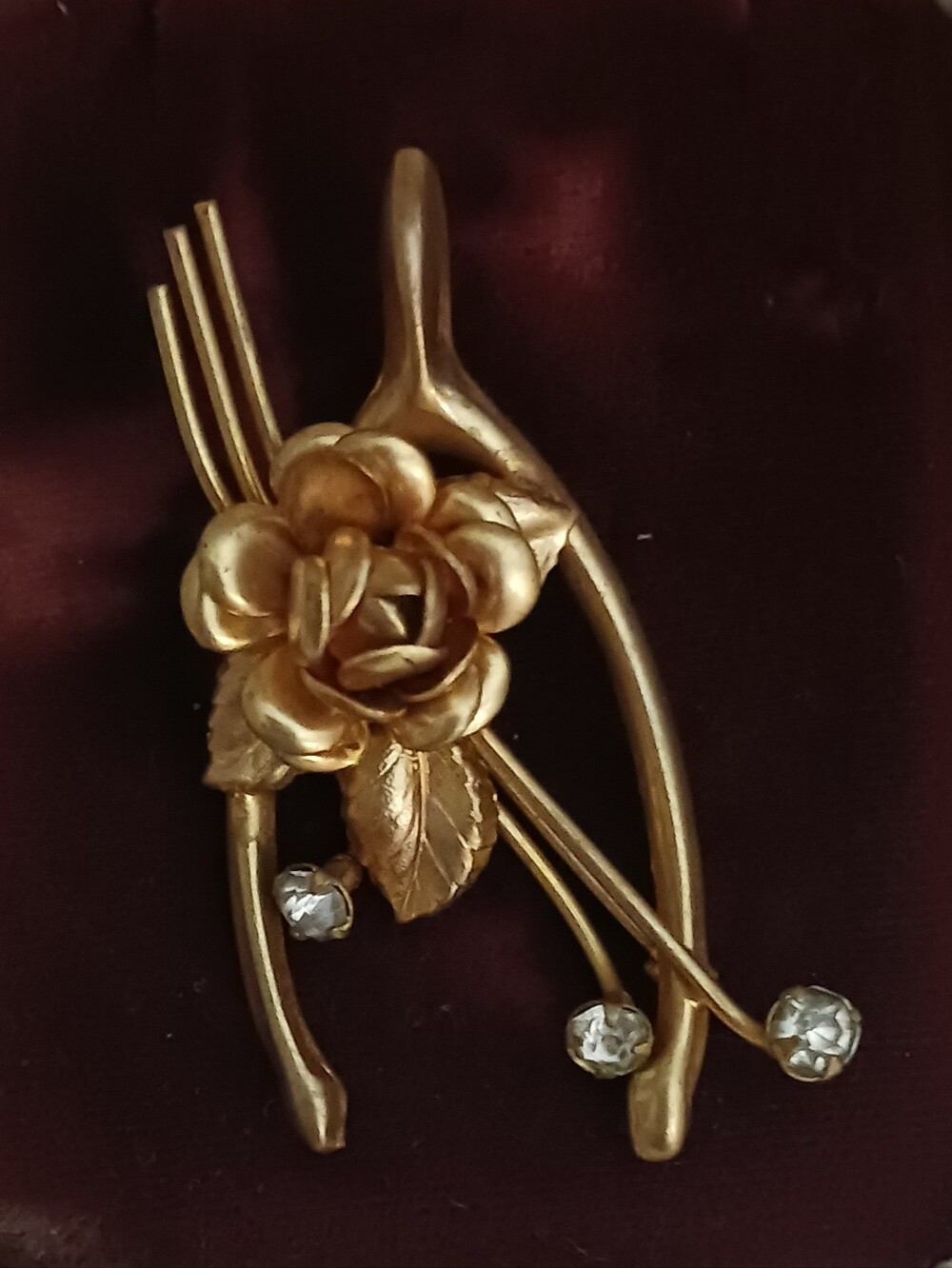 Vintage Wishbone Floral Crystal Accent Brooch - Women Jewelry